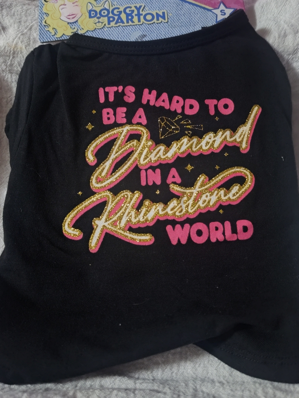 Black Dog Tee with Pink & Gold Glitter Text - Small